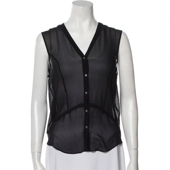 Helmut Lang Silk Chiffon Black V-Neck Sleeveless Button Down Raw Trim Top Size S - Picture 1 of 12